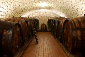 Our red wine cellar. Big wooden casks left and right, above them an arched ceiling made of stones