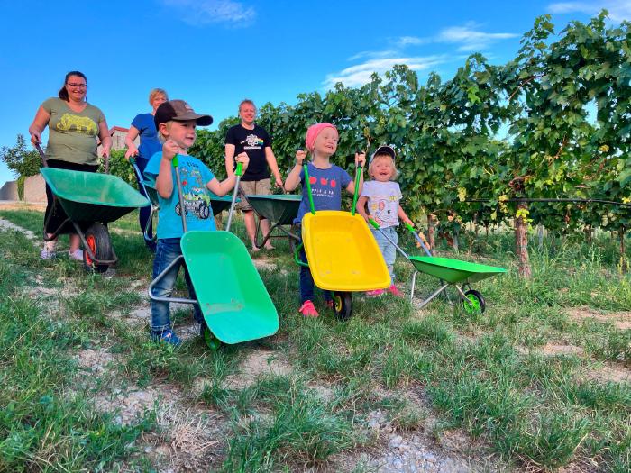 Drei Erwachsene und drei Kinder gehen lachend mit Scheibtruhen einen Weingarten entlang.