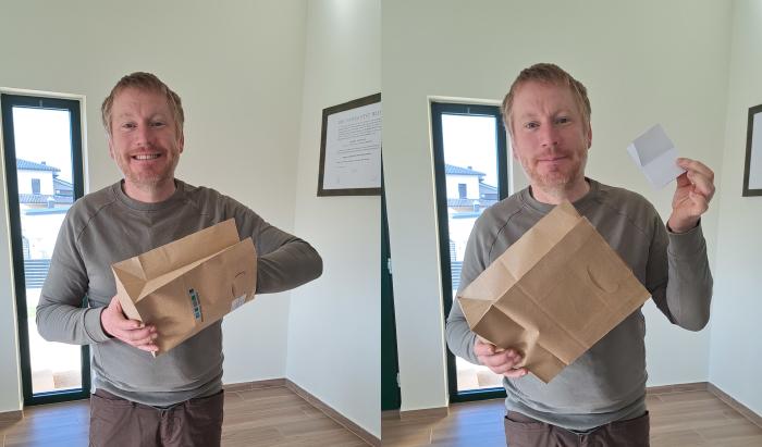 Zwei Bilder nebeneinander. Andreas greift mit einer Hand in einen Papiersack und hält dann das gezogene Los in die Kamera.