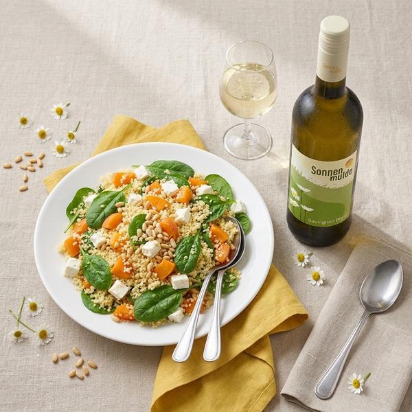 Schön angerichteter Teller mit Couscous-Feta Salat, eine Flasche Sauvignon Blanc und ein eingeschenktes Glas.