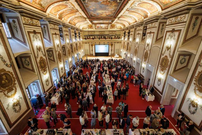 View from the balcony into the magnificent, baroque Haydn Room of the Esterhazy Palace. Rows of tables are arranged on the red carpet. People stand in the hall tasting wines.