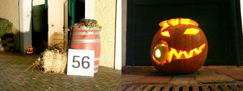 Two pictures. On the left one a barrique, our cellar door with a board and the number 56, a bale of straw and some pumpkins as decoration. On the right picture a carved pumpkin, illuminated from inside.