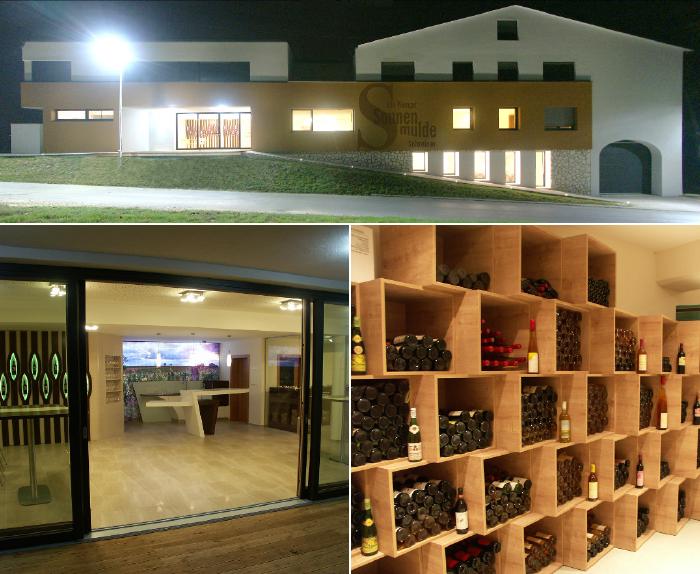 Collage of three pictures. Tasting room, vinotheque and nightly view of the winery from the street.