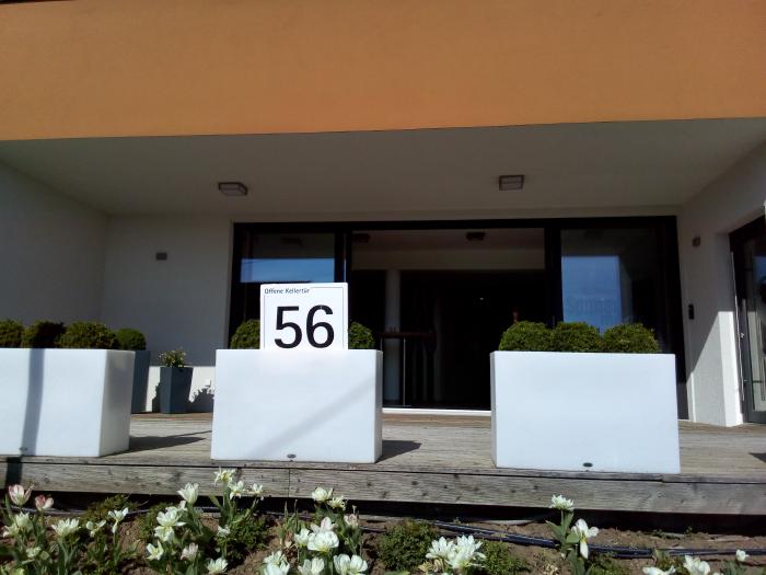 View at the tasting room's glass door, a metal plate with the no. 56 in front of it.