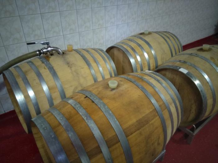 Four barriques in front of a tiled wall. One of them is currently beeing filled using a hose.