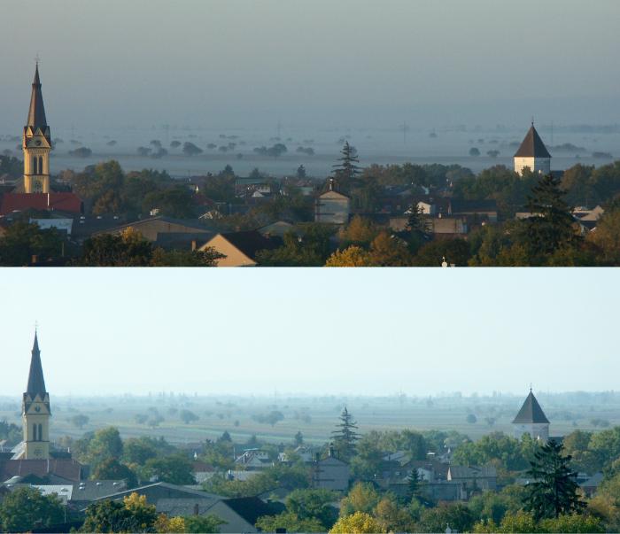 Zwei Fotos von Gols mit Gebäuden, zwei Kirchtürmen und Weingärten im Hintergrund. Dicker niedriger Bodennebel in einem Bild, strahlender Sonnenschein im anderen.