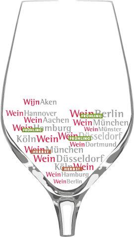 Grafik eines Weinglases mit den Namen aller WEBERmesse Veranstaltungen.
