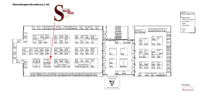 Hallenplan der Weinmesse Innsbruck mit Markierung unseres Standes mit der Nummer 608