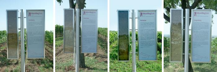 Tafeln mit ausgehobenen Bodenprofilen der Lagen am Weinweg Gols.